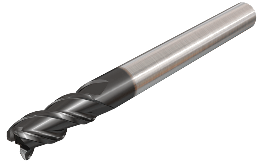 3 flute, 45° helix, medium length solid carbide endmills with different corner radii.