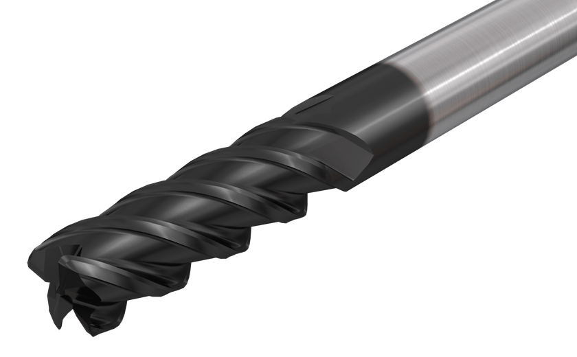 4 flute, 45° helix, medium length solid carbide endmills with different corner radii.