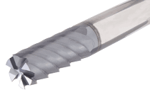 Solid carbide endmills, 6 flute, Medium length, 50° helix.  Used for finishing hard materials up to 65HRc.