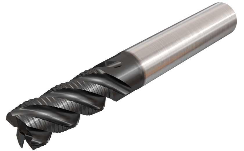 Solid carbide roughing end mills, 4-7 flute, 45h helix, long reach (3xD), used for high stock removal rates.