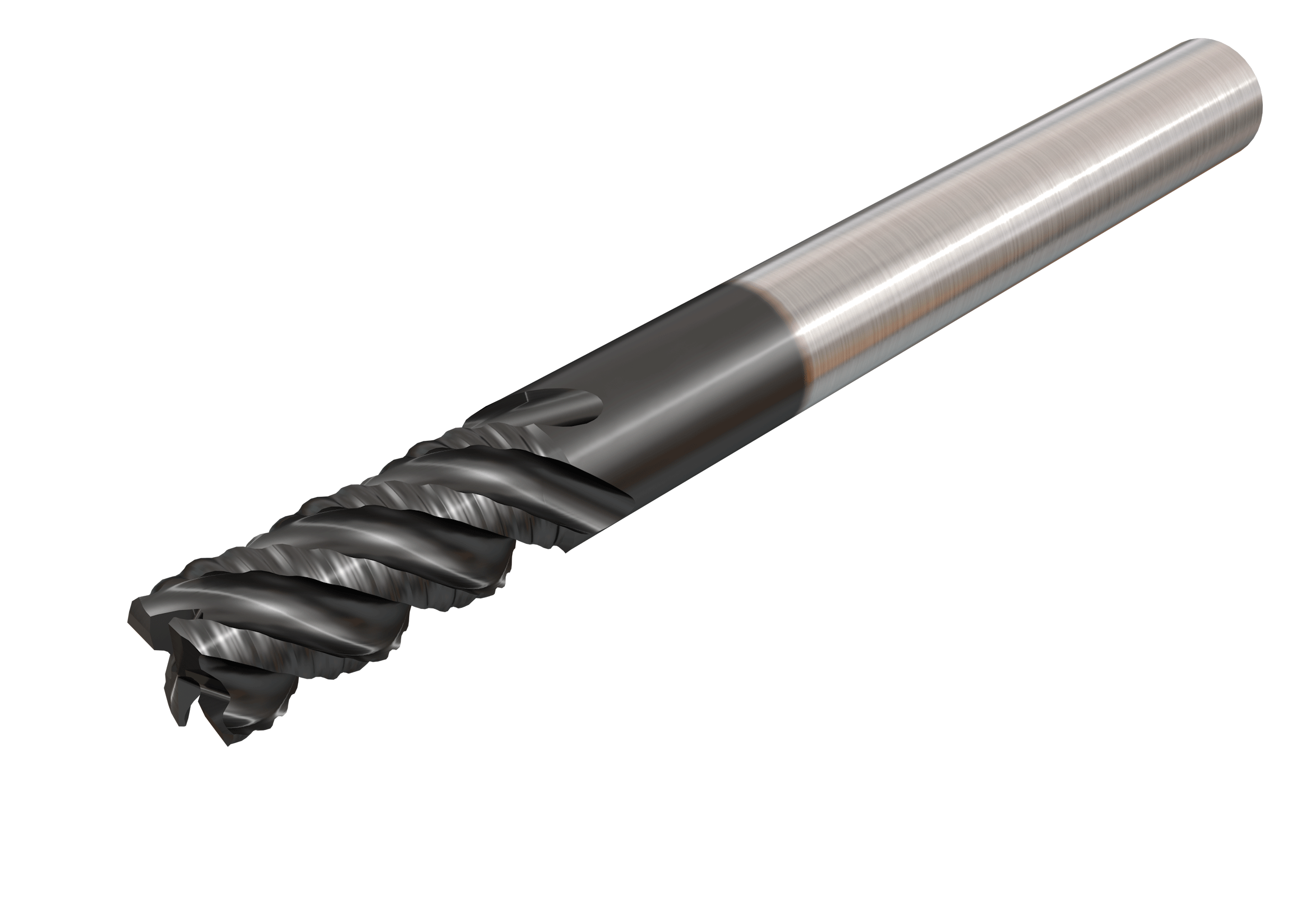 Solid carbide medium length 2xD roughing endmills with 45° helix angle, used for high stock removal rates.