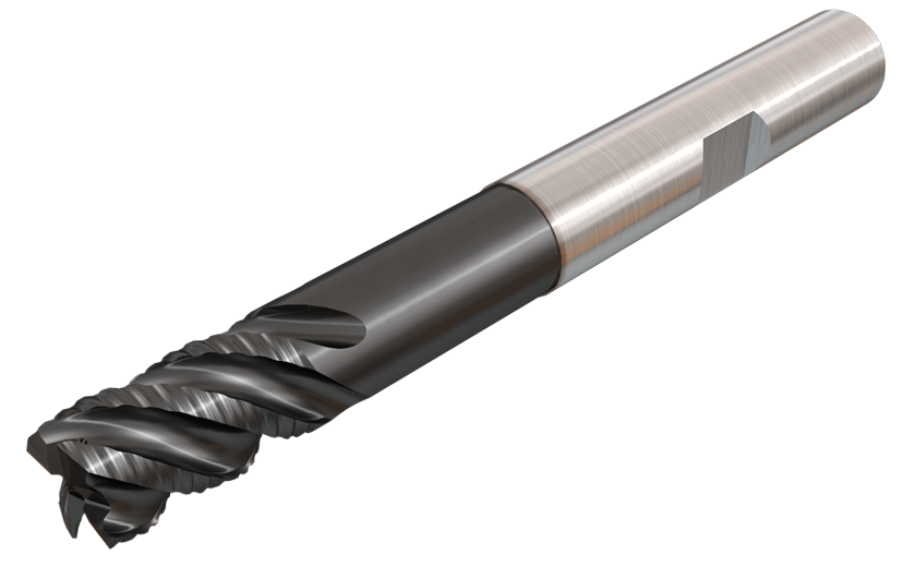 Solid carbide extra long 4xD roughing endmills 4-5 flute with 45° helix angle, used for high stock removal rates