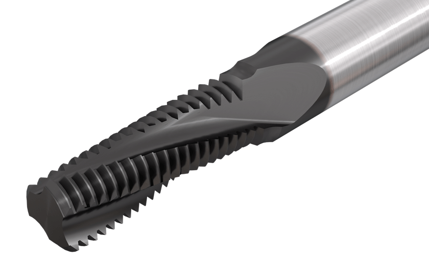 Solid carbide threading endmills with UN form used for internal threading.