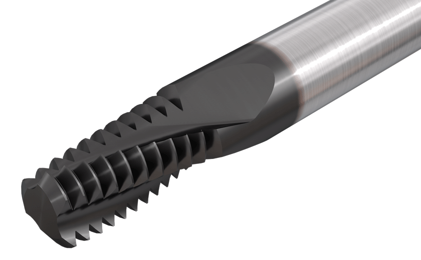 Solid carbide threading endmills with NPTF form used for internal and external threading.