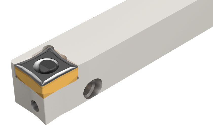 Tools with side lever-lock insert clamping for positive 80° 4-cornered inserts. Used on Swiss automatic machines.