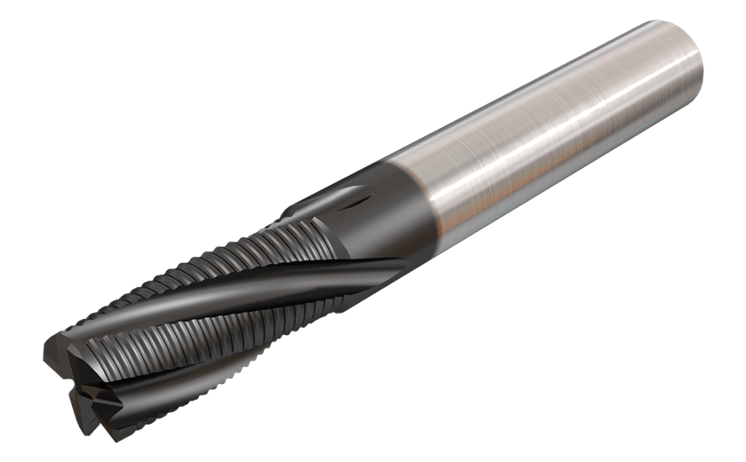 Solid carbide, 4 and 6 flute with 20° helix, medium length roughing endmills. Used for high stock removal rates.