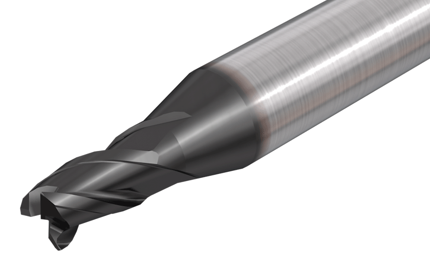 3 flute undersized slot drill, 38° helix with assorted radii according to DIN 6885.