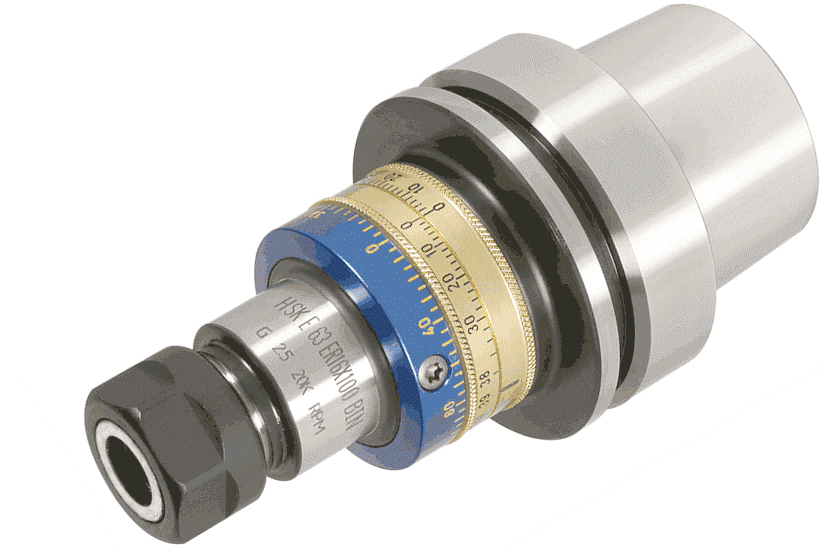 HSK taper DIN69896 form E, with balanceable ER collet chuck.