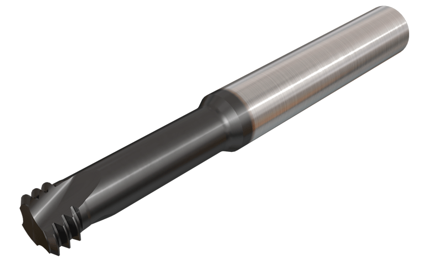 Left hand short solid carbide endmills for internal threading of hardened steel.