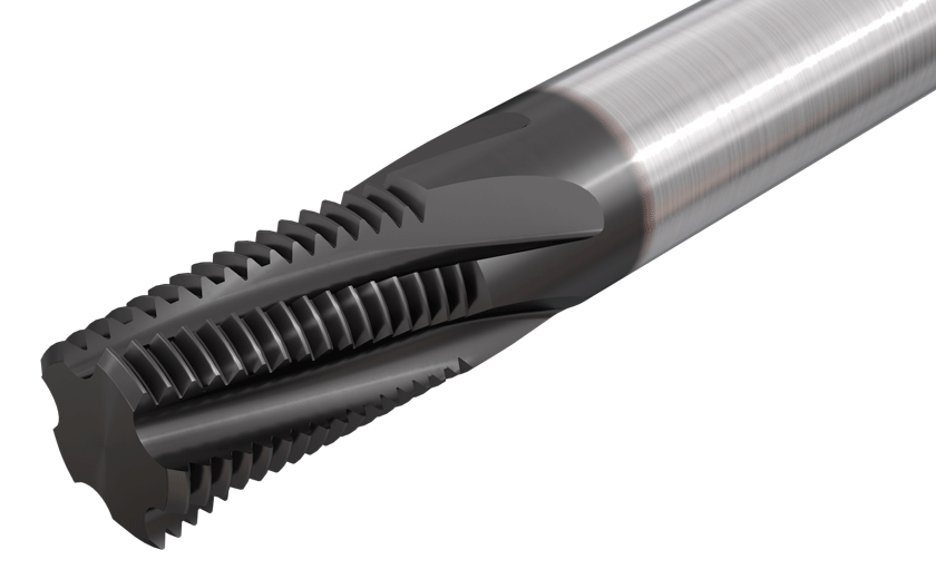 Solid carbide threading endmills with UN form used for external threading.