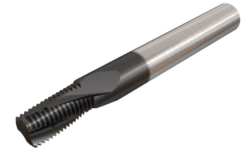Solid carbide with internal coolant in the flutes, for internal and external threading
