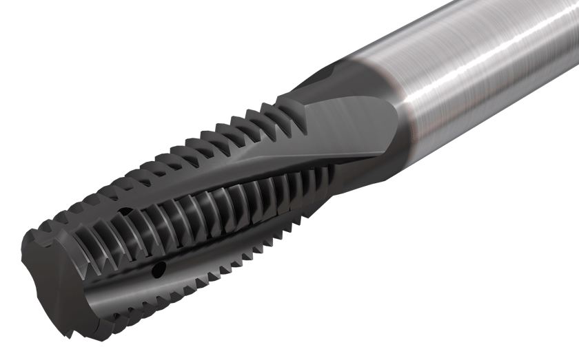 Solid carbide with internal coolant in the flutes, for internal threading