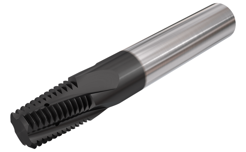 Solid carbide with internal coolant in the flutes, for internal and external threading