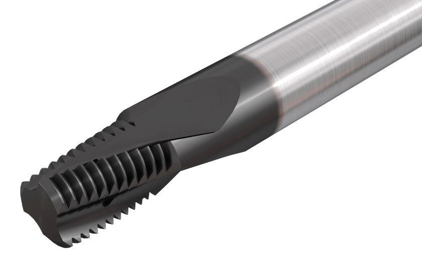 Solid carbide with internal coolant in the flutes, for internal and external threading