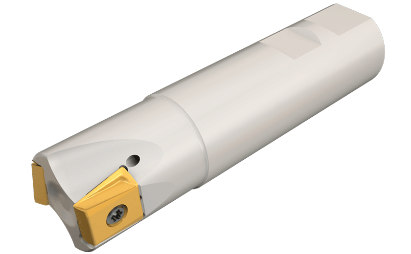 HELITANG endmills using tangentially clamped inserts with 4 helical, 16 mm long, cutting edges.