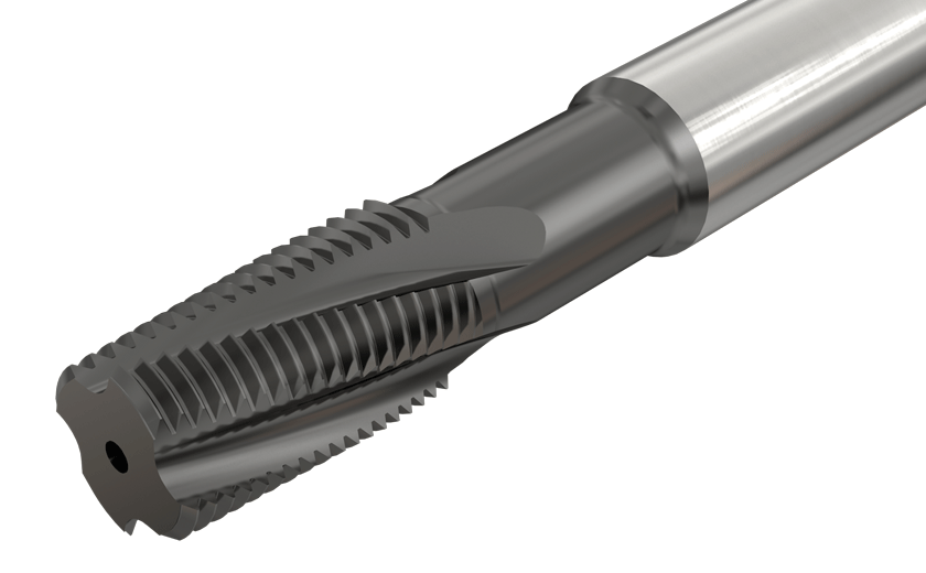 Solid Carbide Endmills with Internal Coolant Holes and a Reduced Diameter Neck, for Deep Internal ISO Profile Threading.