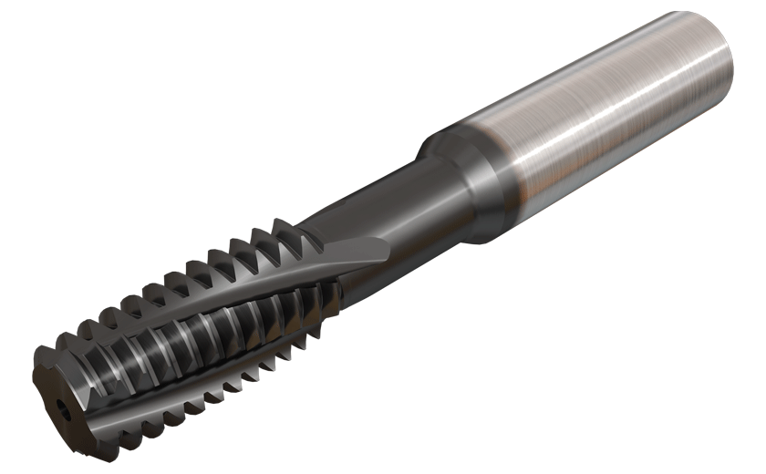 Solid Carbide Endmills with Internal Coolant Holes and a Reduced Diameter Neck, for Deep Internal UN Profile Threading.
