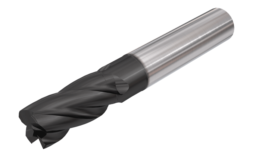 4 Flute, (3xD) Endmills with Relieved Necks, Different Helix (35 &37°) and Variable Pitch for Chatter Dampening