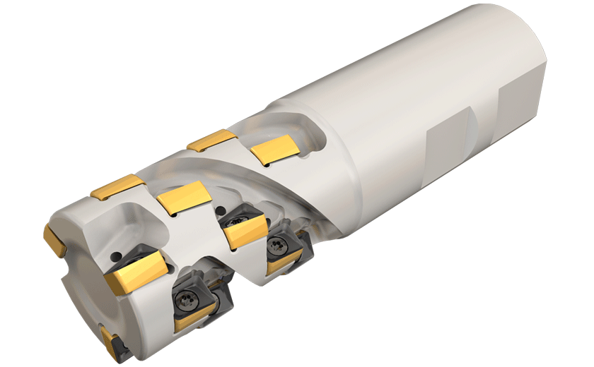 Extended Flute Endmills Using H490 ANKX 09... Double-Sided Rectangular Inserts with 4 Helical Cutting Edges