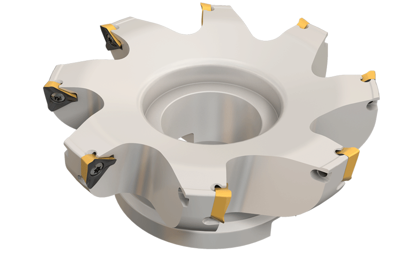 90° Face Mills Carrying HM390 TDKT 1505 Triangular Inserts with 3 Helical Cutting Edges