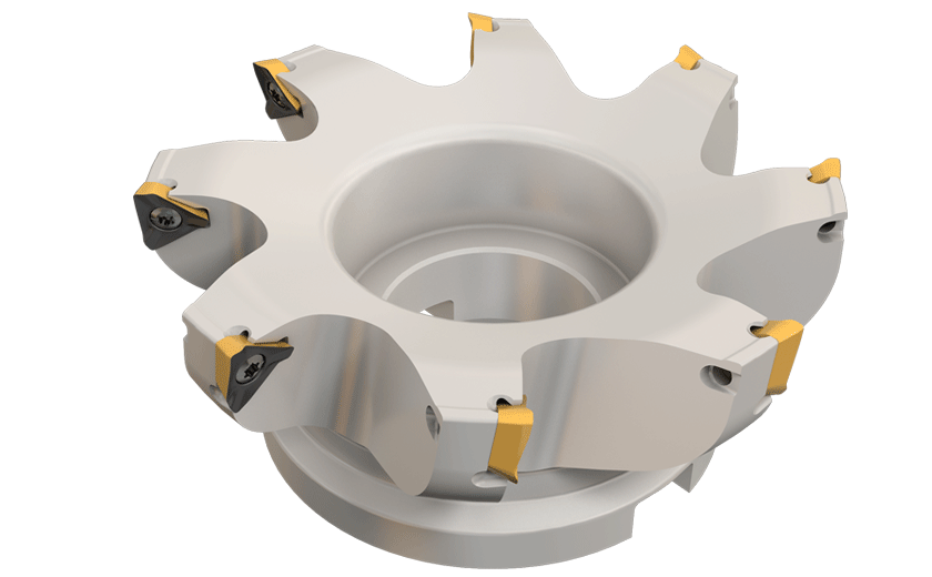 90° Face Mills Carrying HM390 TDKT 1505 Triangular Inserts with 3 Helical Cutting Edges