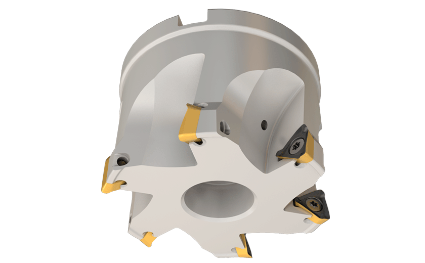 90° Face Mills Carrying the HM390 TPKT 1003  Triangular Inserts with 3 Helical Cutting Edges