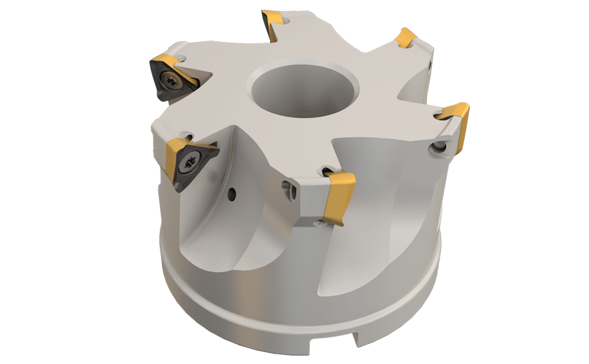 90° Face Mills Carrying the HM390 TPKT 1003  Triangular Inserts with 3 Helical Cutting Edges