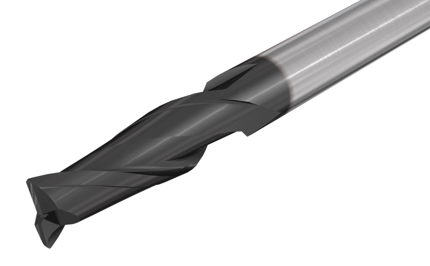 Solid carbide medium length endmills, 2 flutes, 30° helix, center cutting with chamfered corners.