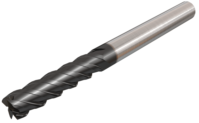 Long solid carbide endmills, center cutting, 4 flutes, 45° helix.