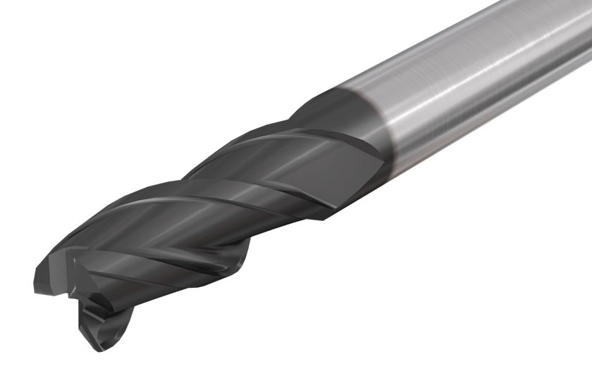 Solid carbide endmills center cutting, 3 flute, 38° helix.