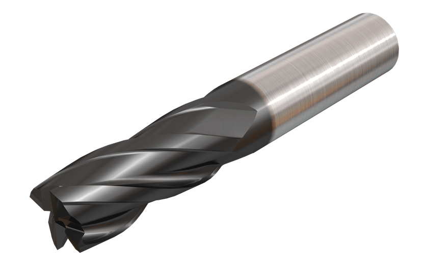 Solid carbide endmills center cutting, 4 flute, 30° helix.