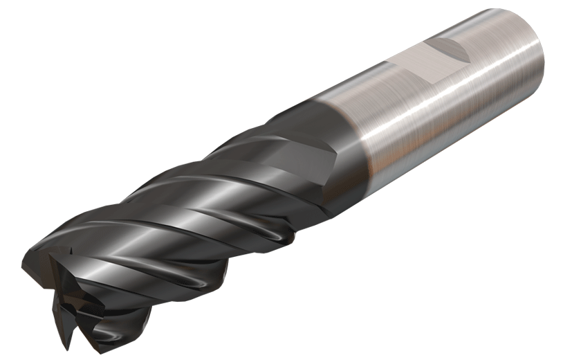 Solid carbide medium length end-mills, center cutting, 4 flute, 45° helix.