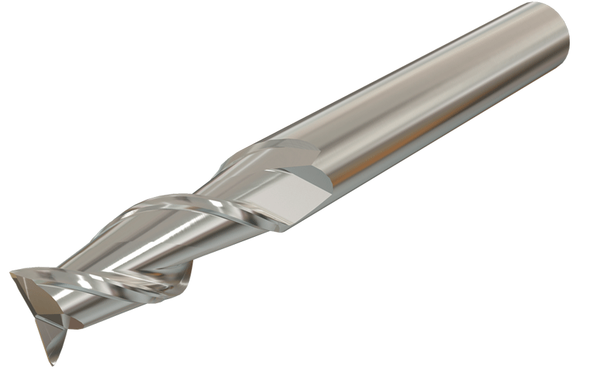 Solid carbide endmills, center cutting, 2 flute, 45° helix, medium length. Special design for machining aluminum.