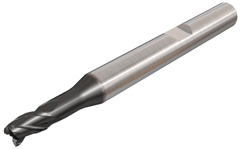Short solid carbide endmills, center cutting with 3, 38° flute helix.